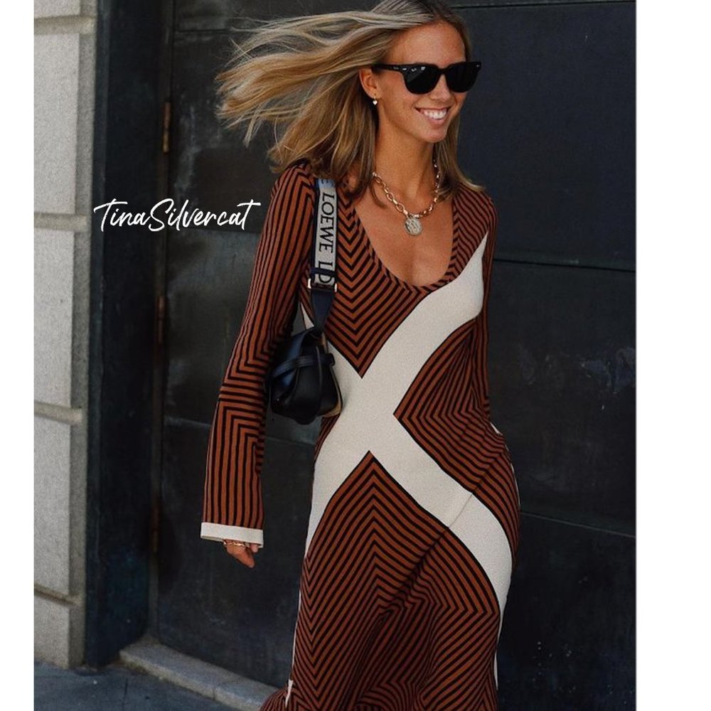 BLOGGER'S FAVE! Zara Striped Midi Dress Brown Sz XS, Small NWT - Picture 5 of 16